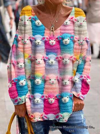 Γυναικείο πουλόβερ με V-λαιμό, ζωικό μοτίβο, πολυεστέρας, μέτριο πάχος, χαλαρή γραμμή, Φθινόπωρο 2024