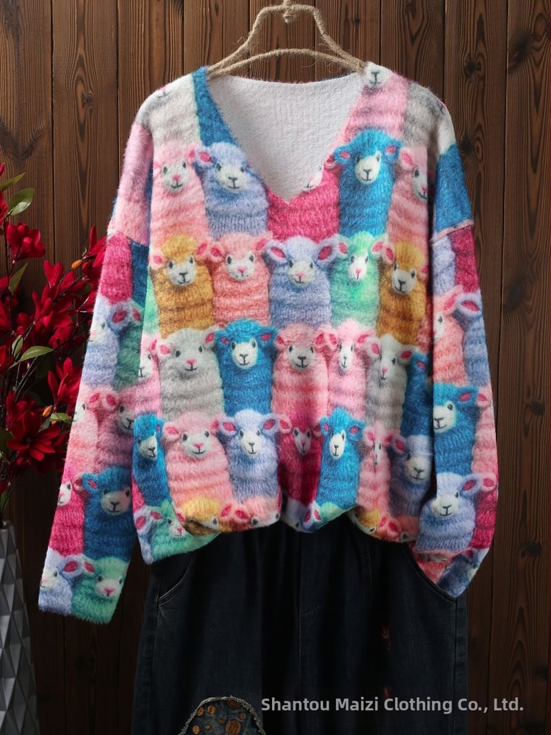 Γυναικείο πουλόβερ με V-λαιμό, ζωικό μοτίβο, πολυεστέρας, μέτριο πάχος, χαλαρή γραμμή, Φθινόπωρο 2024