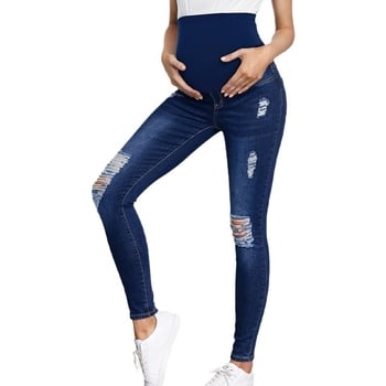 Дънкови панталони за бременни, висока талия и подпомагане на корема, разкъсани детайли, средна плътност деним, тясна кройка