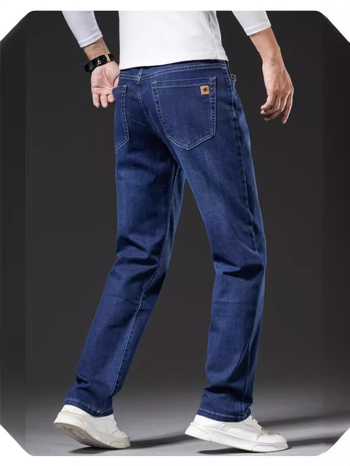 Мъжки дънки с права кройка, средна талия, еластичен деним (67,2% памук, 31,6% полиестер, 1,2% ликра), пясъчно пране, пролетно–есенен сезон