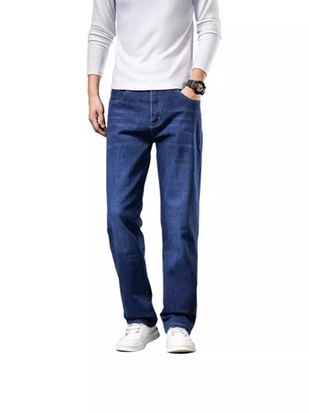 Мъжки дънки с права кройка, средна талия, еластичен деним (67,2% памук, 31,6% полиестер, 1,2% ликра), пясъчно пране, пролетно–есенен сезон