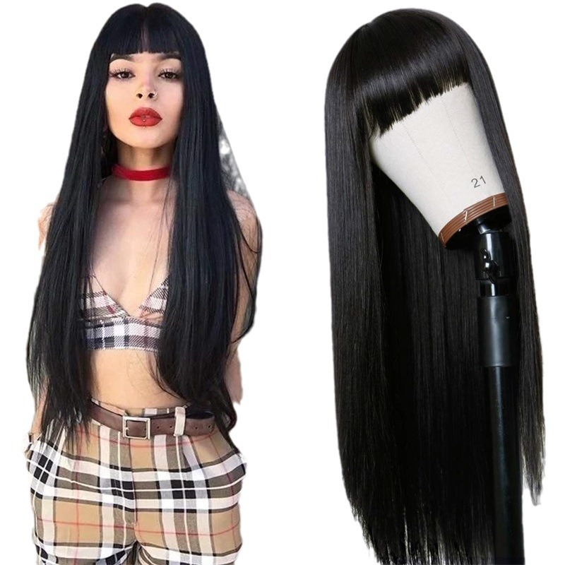 Perucă pentru femei, lungime medie, drept cu breton, aspect natural și plin de volum, fibră sintetică rezistentă la temperaturi, poate fi vopsită și îndreptată, model KZ4031