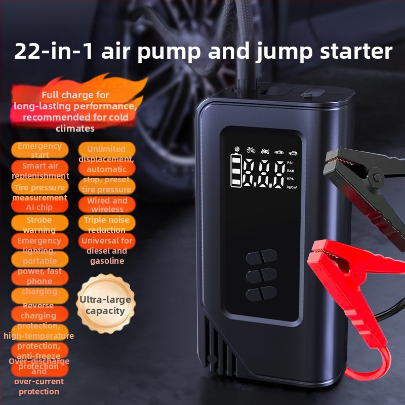 Портативна автомобилна помпа за въздух, безжична, цифров дисплей, осветление и USB зареждане — 14.8V, до 80W, 30 л/мин