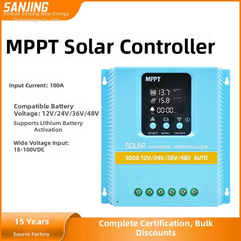 MPPT saulės reguliatorius, automatinė identifikacija, suderinamumas su 12/24/36/48 V, tikslus laiko valdymas, CE sertifikatas
