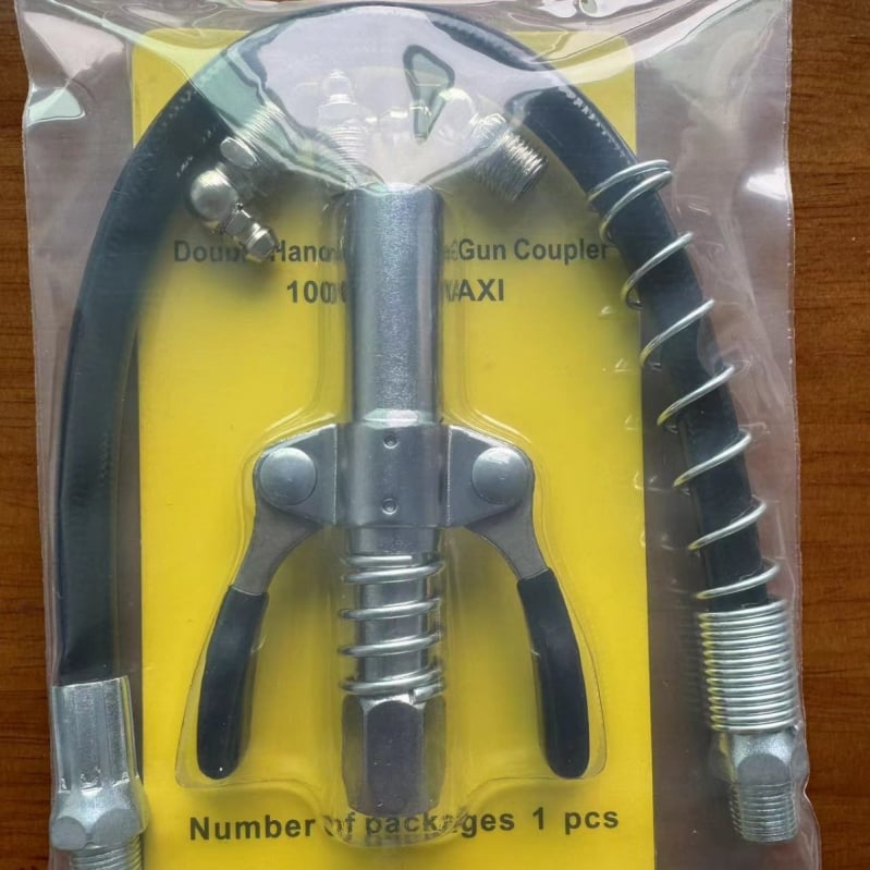 Ακροφύσιο για πιστόλι γράσου με κλείδωμα τύπου σφιγκτήρα, υψηλής πίεσης, διπλό χειριστήριο, αυτο-κλείδωμα, επίπεδη κεφαλή