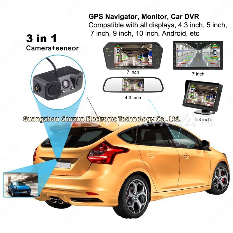 3-в-1 система за обратно виждане: камера с радар и интегриран дисплей, съвместима с всички дисплеи, 12V, 170° ъгъл на виждане, резолюция 2 MP, 2 датчика, AV изход