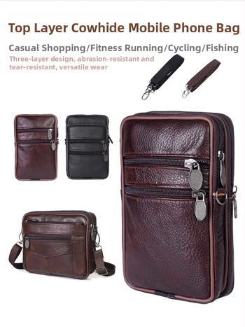 Mobiltelefon táska, valódi bőr, első réteg marhabőrből, függőleges négyzet alak, férfiaknak, poliészter bélés, szabadidős utazásokhoz