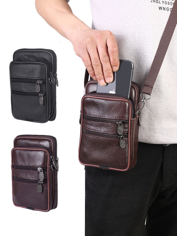 Τσάντα κινητού από γνήσιο βοδινό δέρμα, κάθετης τετράγωνης μορφής, για άνδρες, με πολυεστερικό ύφασμα εσωτερικά, για ελεύθερο χρόνο