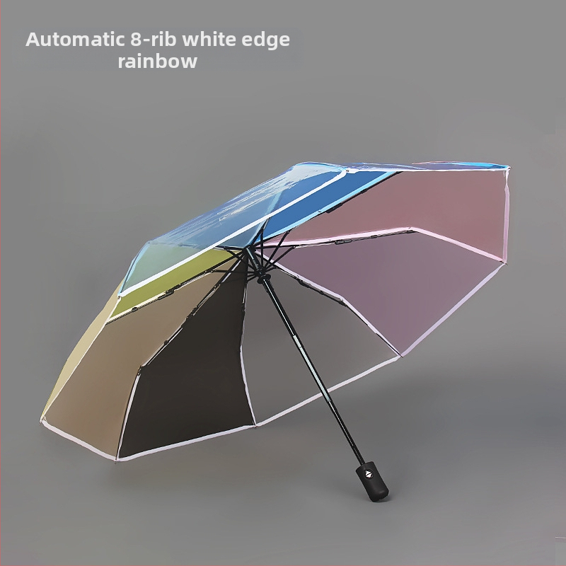 Háromszakaszos átlátszó összecsukható esernyő, teljesen automata, PVC borítás, 10 rostból álló bordák, acél szár, gumírozott markolat, logó nyomtatás, testreszabás