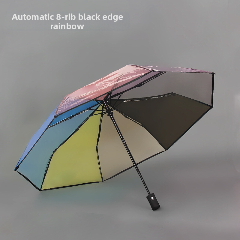 Háromszakaszos átlátszó összecsukható esernyő, teljesen automata, PVC borítás, 10 rostból álló bordák, acél szár, gumírozott markolat, logó nyomtatás, testreszabás