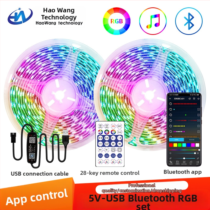 RGB szalag mágikus színekkel, USB 5V, Bluetooth alkalmazásvezérlés, 30/60 LED/m, vízálló