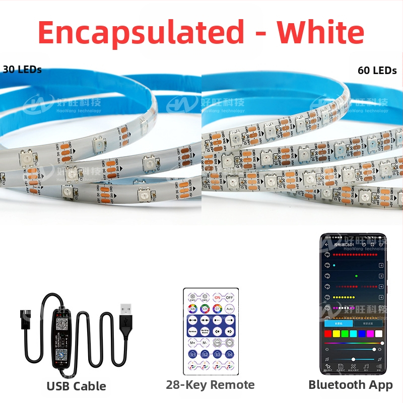 RGB LED лента с магически цветове, USB 5V захранване, управление чрез Bluetooth приложение, 30/60 LED на метър, водоустойчива