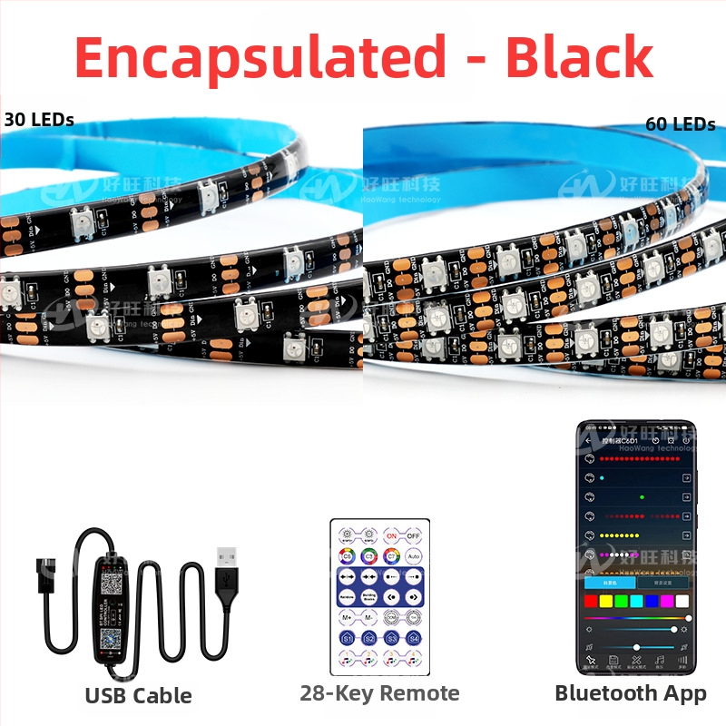 RGB LED лента с магически цветове, USB 5V захранване, управление чрез Bluetooth приложение, 30/60 LED на метър, водоустойчива