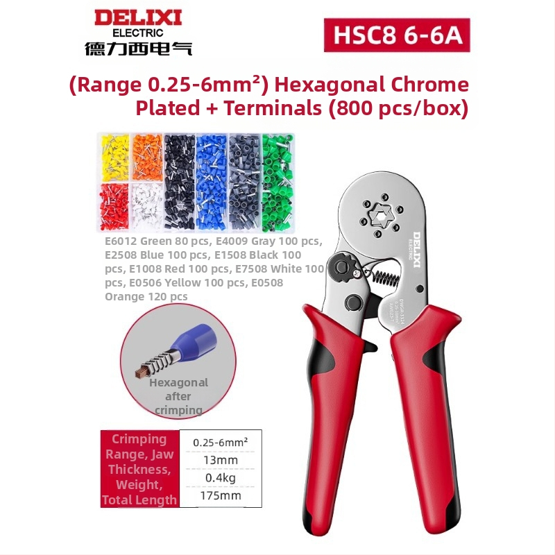 Delixi Комплект многофункционални клещи за обжим на терминали – игловиден тип, студено обжимане, легирана стомана