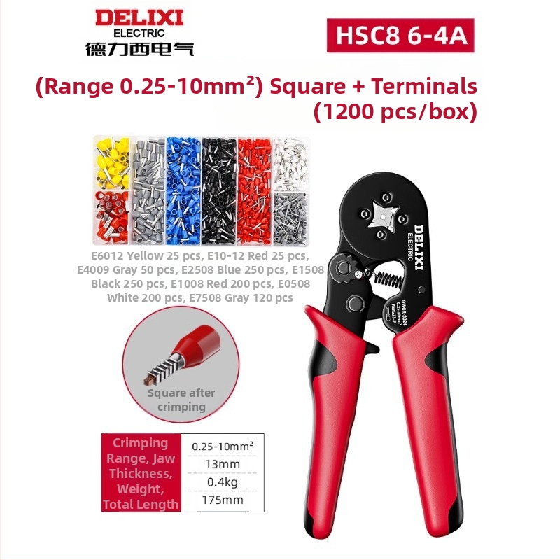 Delixi Комплект многофункционални клещи за обжим на терминали – игловиден тип, студено обжимане, легирана стомана