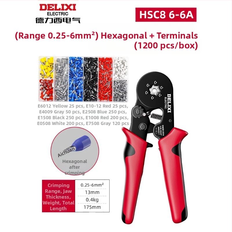 Delixi Комплект многофункционални клещи за обжим на терминали – игловиден тип, студено обжимане, легирана стомана