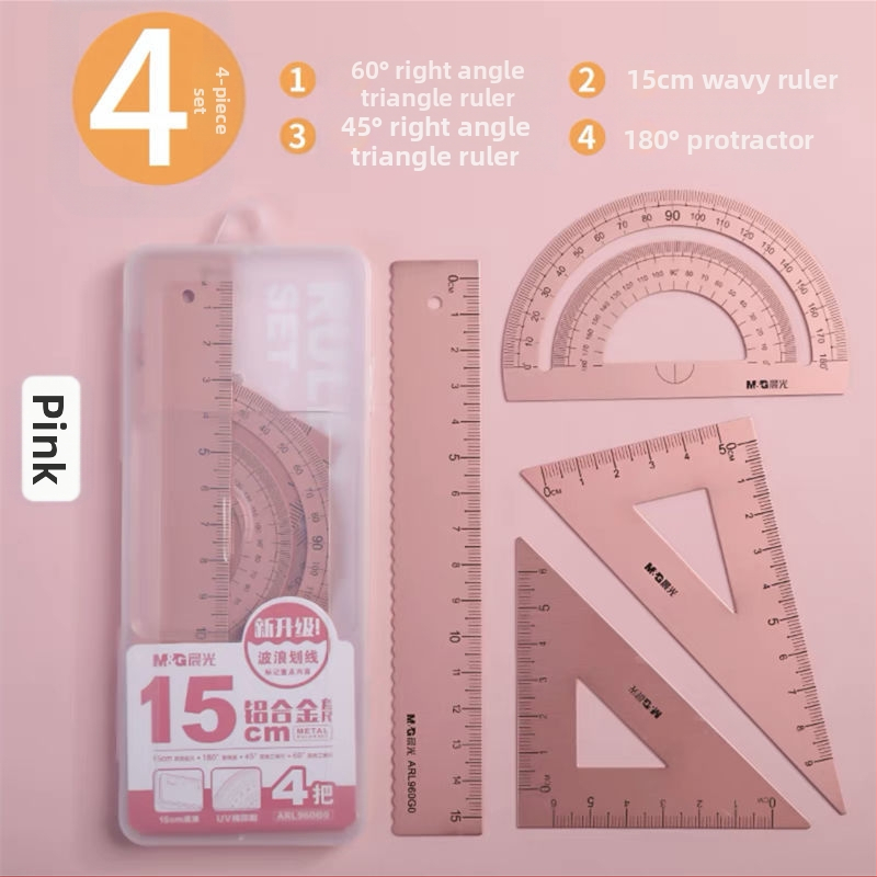 Alumiiniumist sulam joonlaudade komplekt, 4 tk, lainelise joonestusega, selge skaala, koolitarbed