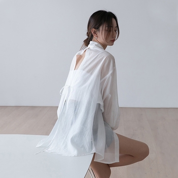 Πουκάμισο από chenille ύφασμα, μίγμα σπάντεξ, μονόχρωμο, γιακά πόλο, μακριά μανίκια