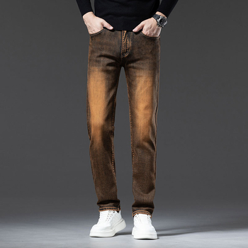 Мъжки дънки с права кройка от деним - средна талия, цип, микроеластичност, ензимно пране