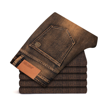 Мъжки дънки с права кройка от деним - средна талия, цип, микроеластичност, ензимно пране