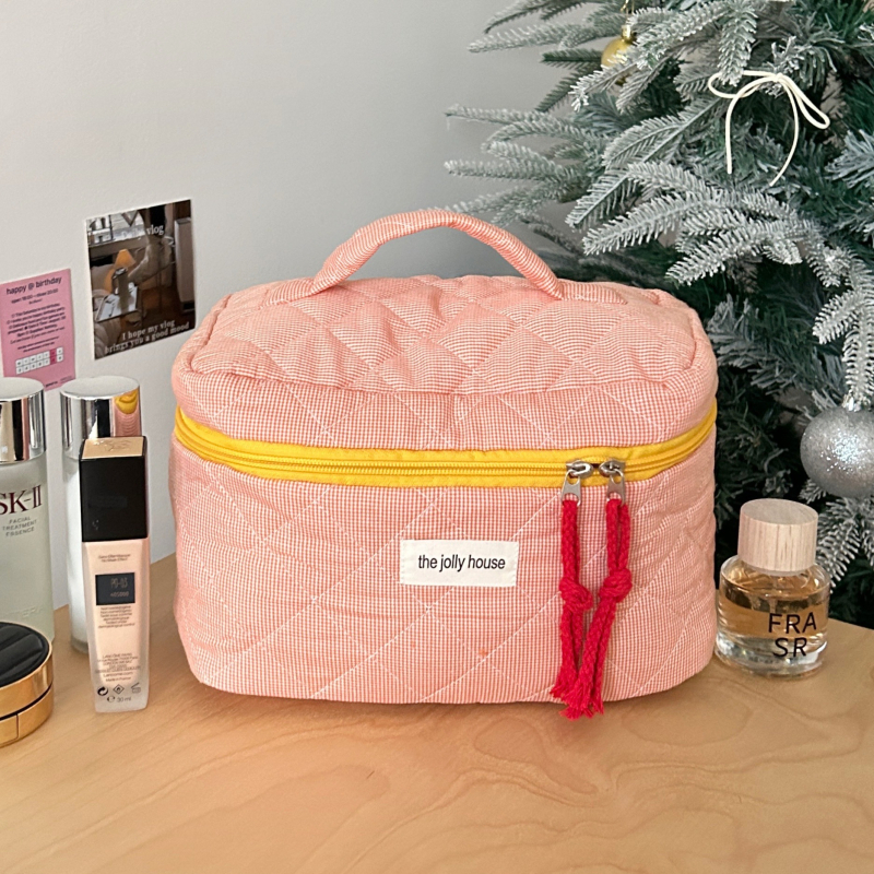 Női kozmetikai táska pamut béléssel és csíkos mintával, sminkecset szervező, hordozható utazótáska