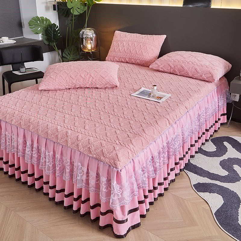 Flanelės lovos uždangos komplektas – trijų dalių rinkinys, Jacquard audimas, tie-dye dažymas, dryžių / vienalytis raštas, korėjietiškas stilius