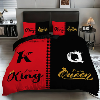 Комплект от три части за двойки: покривка за завивка и две калъфки, дизайн с кралска корона и буква, 100% полиестер, дигитален печат, модерен минималистичен стил, 90 г/м²
