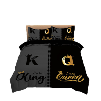Комплект от три части за двойки: покривка за завивка и две калъфки, дизайн с кралска корона и буква, 100% полиестер, дигитален печат, модерен минималистичен стил, 90 г/м²