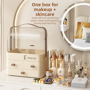 Κοσμητική θήκη αποθήκευσης καλλυντικών από PET πλαστικό, πολυεπίπεδη με διαχωριστικά, καπάκι κατά της σκόνης, για καλλυντικά στο κομοδίνο υπνοδωματίου