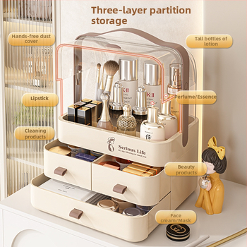 Κοσμητική θήκη αποθήκευσης καλλυντικών από PET πλαστικό, πολυεπίπεδη με διαχωριστικά, καπάκι κατά της σκόνης, για καλλυντικά στο κομοδίνο υπνοδωματίου