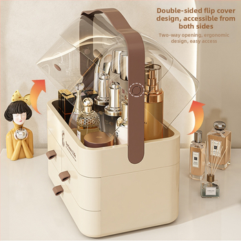 Κοσμητική θήκη αποθήκευσης καλλυντικών από PET πλαστικό, πολυεπίπεδη με διαχωριστικά, καπάκι κατά της σκόνης, για καλλυντικά στο κομοδίνο υπνοδωματίου