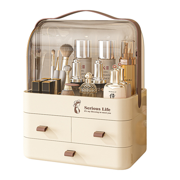 Κοσμητική θήκη αποθήκευσης καλλυντικών από PET πλαστικό, πολυεπίπεδη με διαχωριστικά, καπάκι κατά της σκόνης, για καλλυντικά στο κομοδίνο υπνοδωματίου