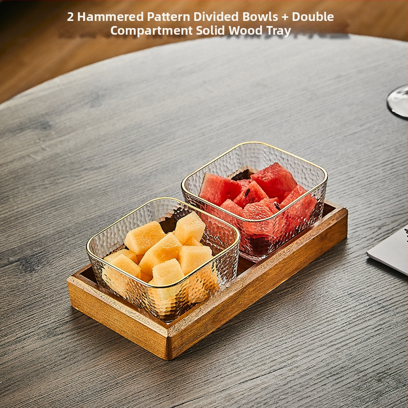 Üvegből készült gyümölcstál osztott rekeszekkel, pásztor-stílusú, egyszerű dizájn, nappali teafőasztalhoz