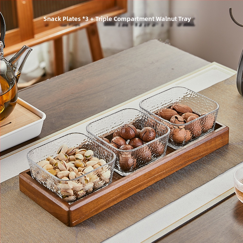 Üvegből készült gyümölcstál osztott rekeszekkel, pásztor-stílusú, egyszerű dizájn, nappali teafőasztalhoz