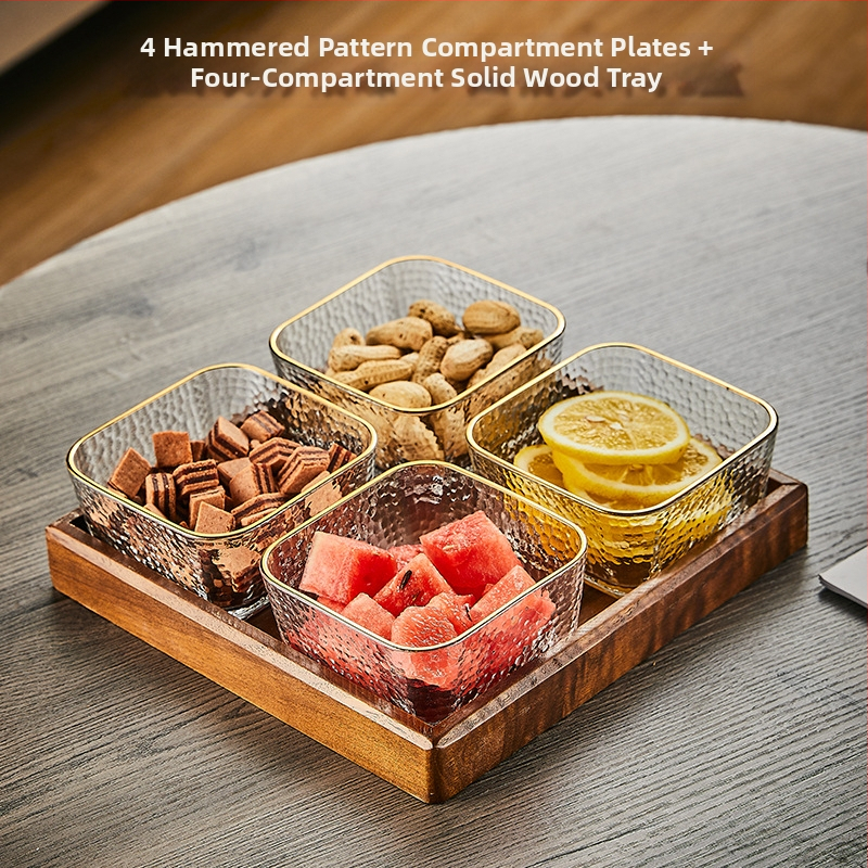 Üvegből készült gyümölcstál osztott rekeszekkel, pásztor-stílusú, egyszerű dizájn, nappali teafőasztalhoz