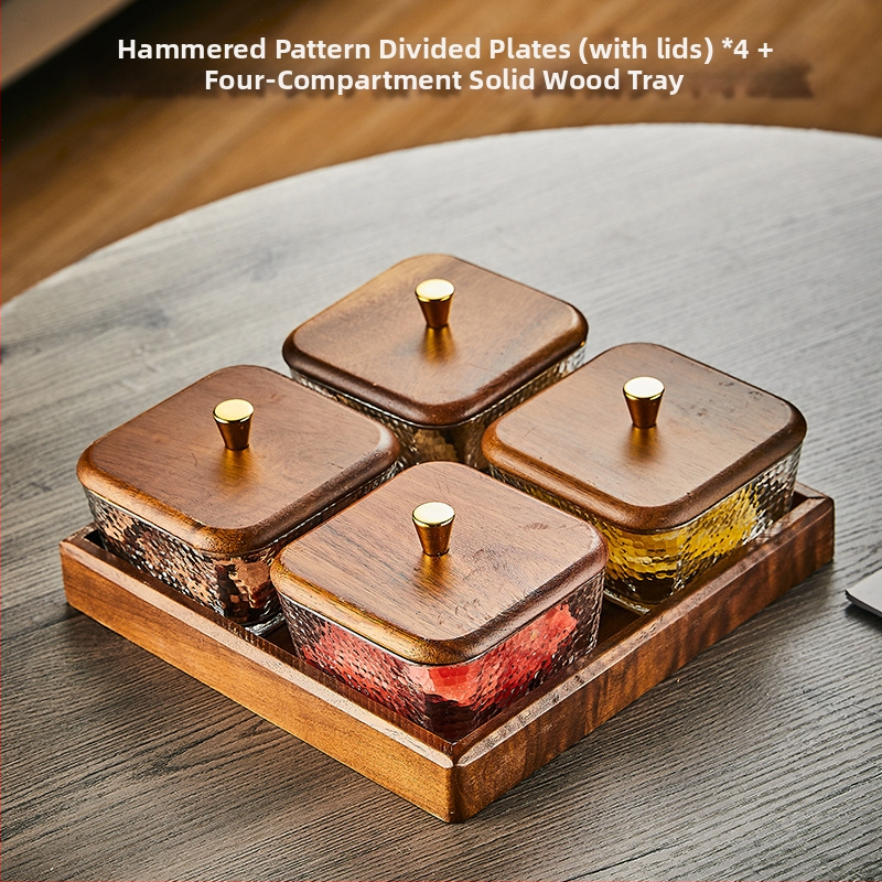 Üvegből készült gyümölcstál osztott rekeszekkel, pásztor-stílusú, egyszerű dizájn, nappali teafőasztalhoz