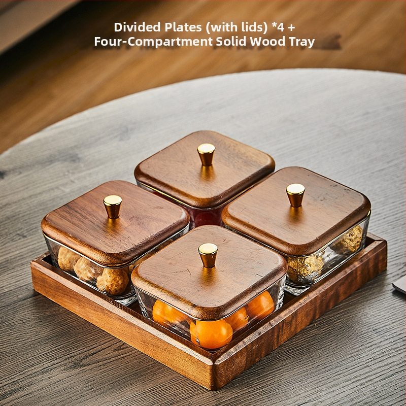 Üvegből készült gyümölcstál osztott rekeszekkel, pásztor-stílusú, egyszerű dizájn, nappali teafőasztalhoz