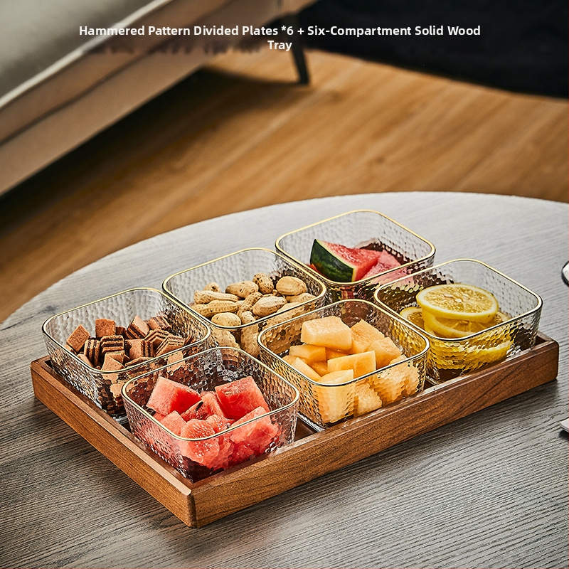 Üvegből készült gyümölcstál osztott rekeszekkel, pásztor-stílusú, egyszerű dizájn, nappali teafőasztalhoz