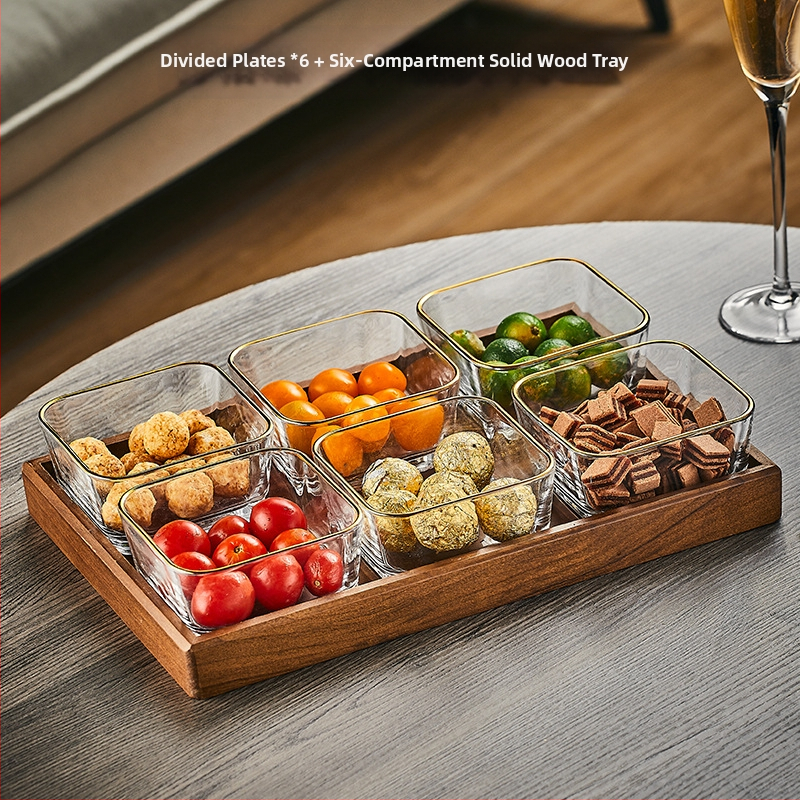 Üvegből készült gyümölcstál osztott rekeszekkel, pásztor-stílusú, egyszerű dizájn, nappali teafőasztalhoz