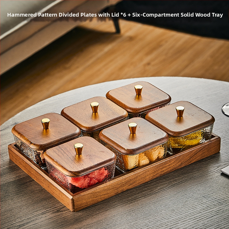 Üvegből készült gyümölcstál osztott rekeszekkel, pásztor-stílusú, egyszerű dizájn, nappali teafőasztalhoz