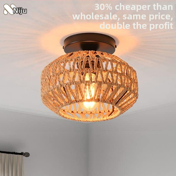 Lampă de plafon boho minimalistă cu abajur din răchită pentru hol și living; LED, tensiune scăzută ≤36V, acoperire 15–30㎡, corp metalic