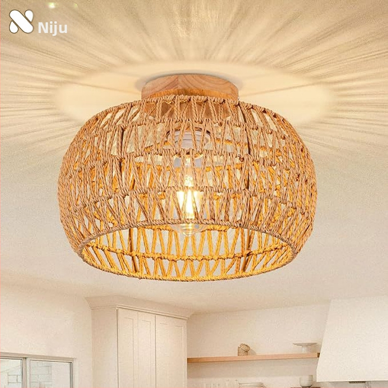 Бохемска минималистична таванна лампа с ратанов абажур за антре и дневна, LED осветление, ниско напрежение ≤36V, обхват 15–30㎡, метално тяло