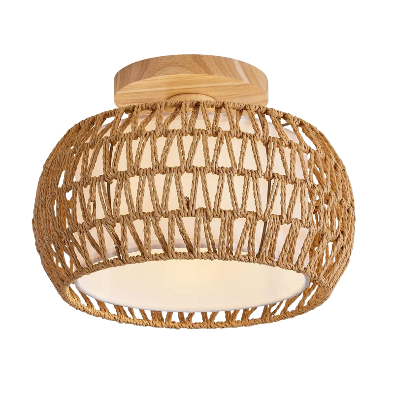 Lampă de plafon boho minimalistă cu abajur din răchită pentru hol și living; LED, tensiune scăzută ≤36V, acoperire 15–30㎡, corp metalic