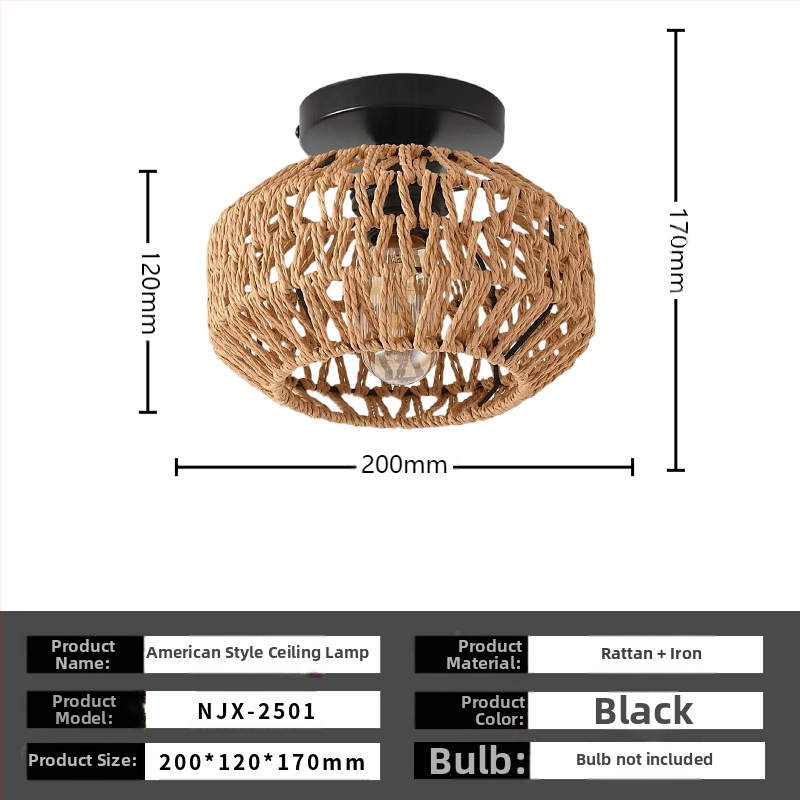 Lampă de plafon boho minimalistă cu abajur din răchită pentru hol și living; LED, tensiune scăzută ≤36V, acoperire 15–30㎡, corp metalic