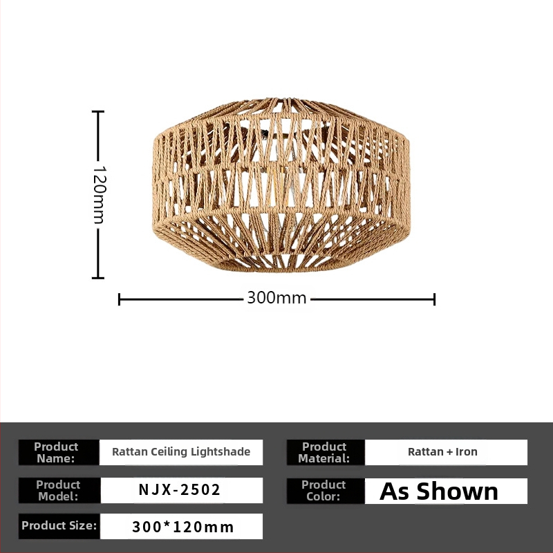 Lampă de plafon boho minimalistă cu abajur din răchită pentru hol și living; LED, tensiune scăzută ≤36V, acoperire 15–30㎡, corp metalic