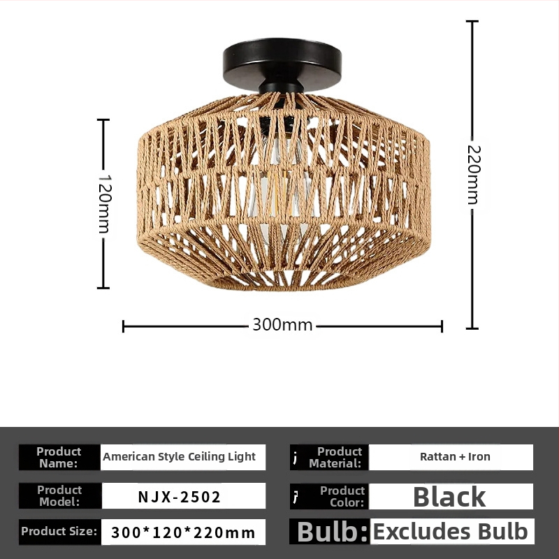 Lampă de plafon boho minimalistă cu abajur din răchită pentru hol și living; LED, tensiune scăzută ≤36V, acoperire 15–30㎡, corp metalic