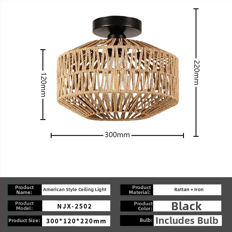 Lampă de plafon boho minimalistă cu abajur din răchită pentru hol și living; LED, tensiune scăzută ≤36V, acoperire 15–30㎡, corp metalic