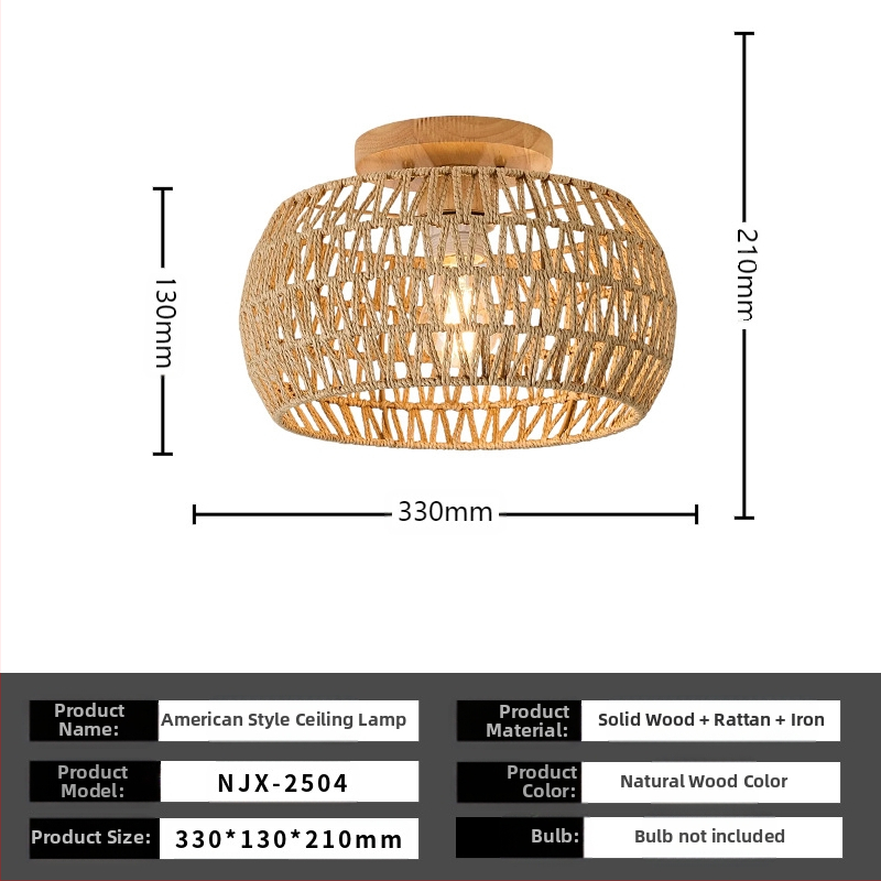 Lampă de plafon boho minimalistă cu abajur din răchită pentru hol și living; LED, tensiune scăzută ≤36V, acoperire 15–30㎡, corp metalic