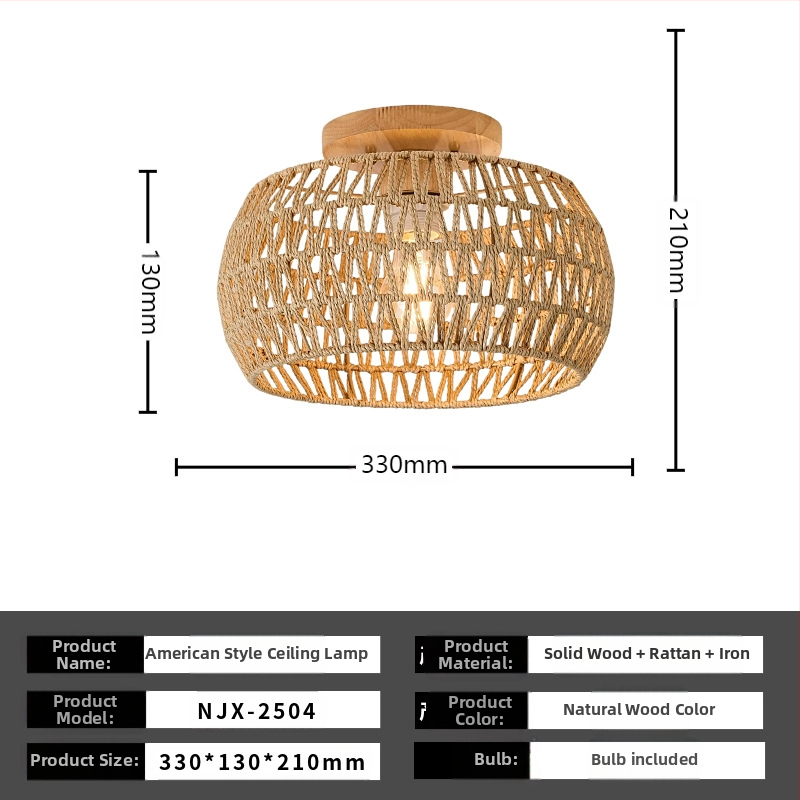 Lampă de plafon boho minimalistă cu abajur din răchită pentru hol și living; LED, tensiune scăzută ≤36V, acoperire 15–30㎡, corp metalic