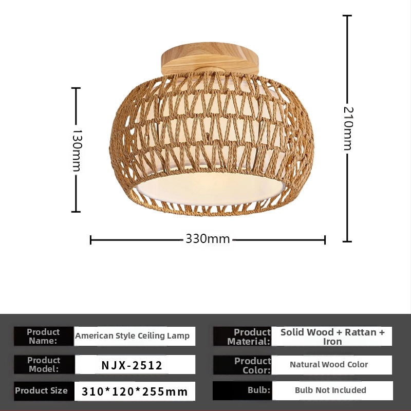 Lampă de plafon boho minimalistă cu abajur din răchită pentru hol și living; LED, tensiune scăzută ≤36V, acoperire 15–30㎡, corp metalic